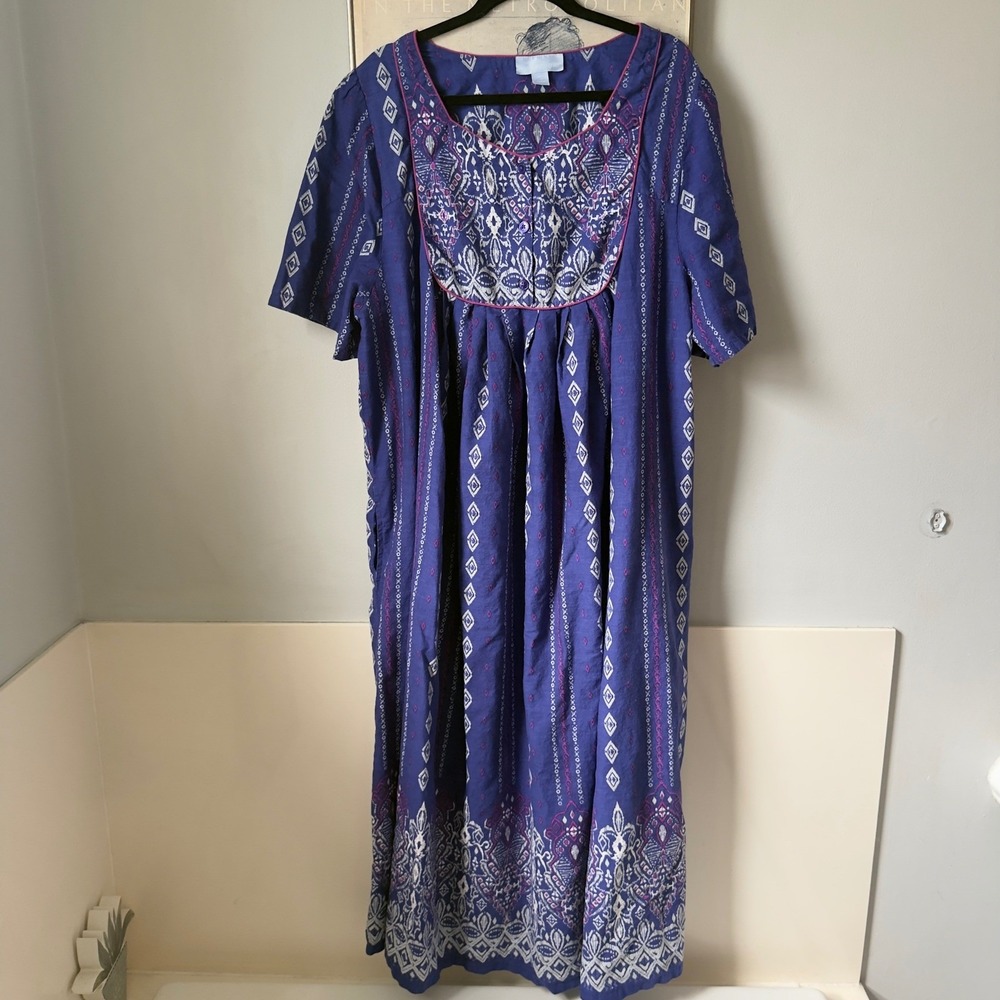 Boho Cotton Muumuu House Dress Purple Medallion Print Pockets 2X 26/28